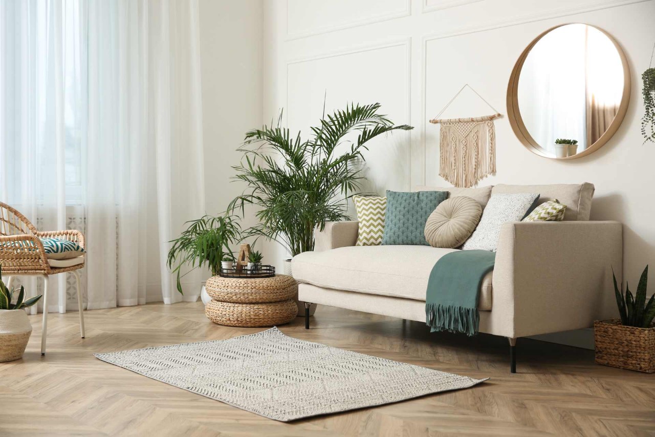 A calming, naturally decorated living space with plants, wood, and natural fabrics